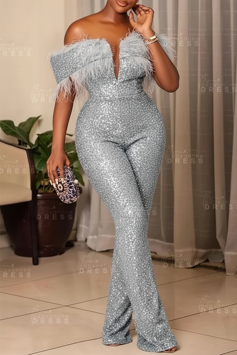Plus Size Off Shoulder Sequin Women Jumpsuit Black Long Party Jumpsuits