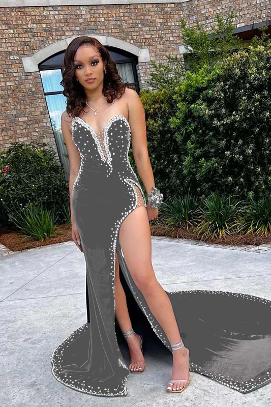 Sleeveless Velvet Mermaid Prom Dress with Side Slit Crystals V-Neck Burgundy Party Dress