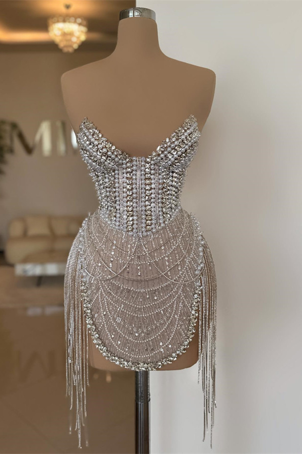 Silver Stone Sparkle Short Tassel Sweetheart Prom Dresses