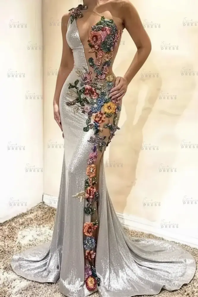 Amazing One-Shoulder Floral Pattern Beadings Floor-Length Mermaid Prom Dress 