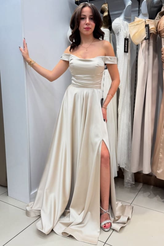 Simple Off-the-Shoulder Ruffle Satin Long Evening Dress with Side Split
