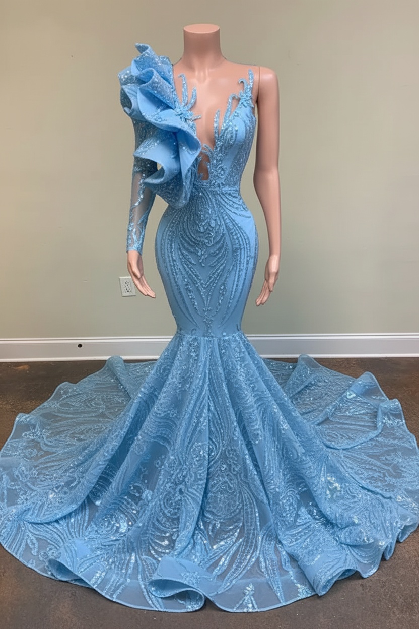 Chic Black Long Sleeve Asymmetrical Floor Length Mermaid Prom Dress