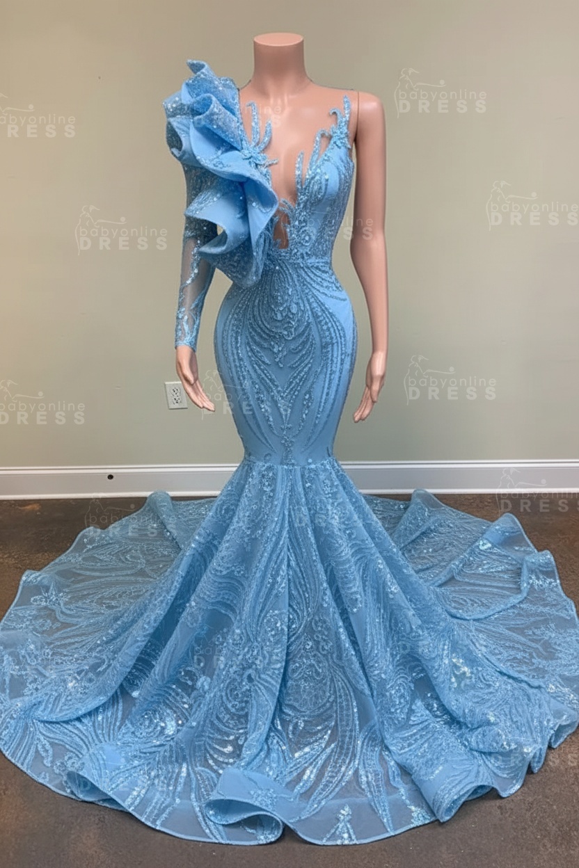 Chic Black Long Sleeve Asymmetrical Floor Length Mermaid Prom Dress