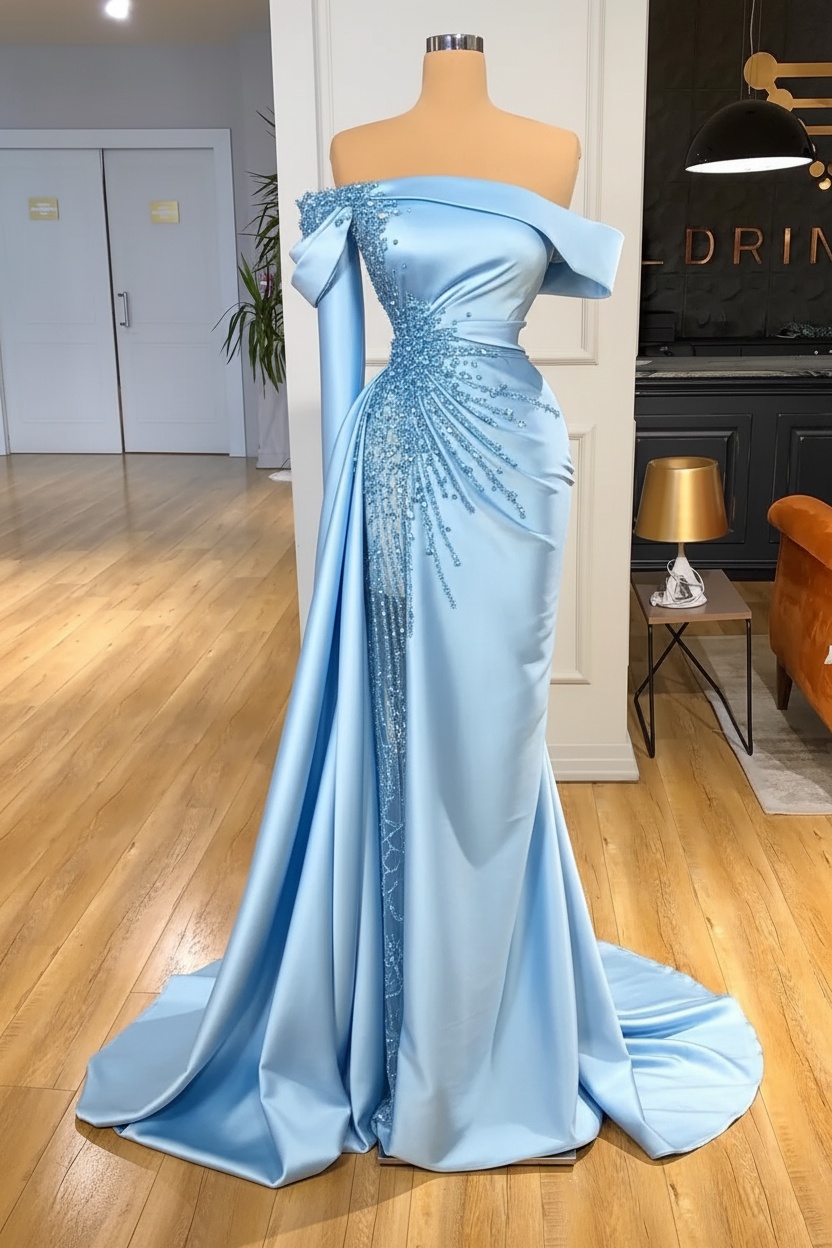 Off-the-Shoulder Satin Floor Length Prom Dress with Side Slit