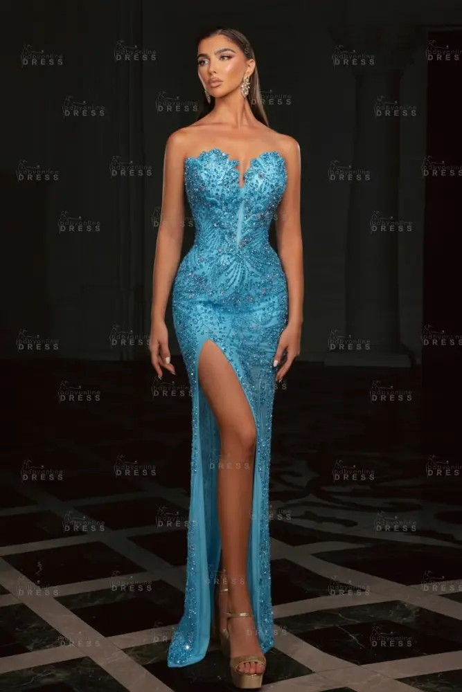 Gold Strapless Sequins Beading Split Front Column Prom Dresses