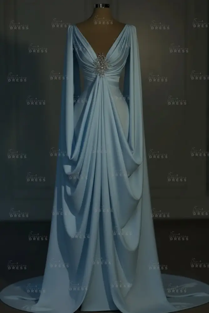 Long sleeves V-neck Satin Ruffles Mermaid Prom Dresses Floor-Length