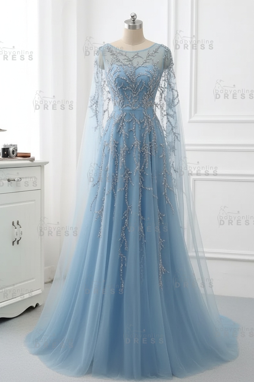 Elegant Jewel Long Sleeves Ruffle Prom Dresses with Beadings Online