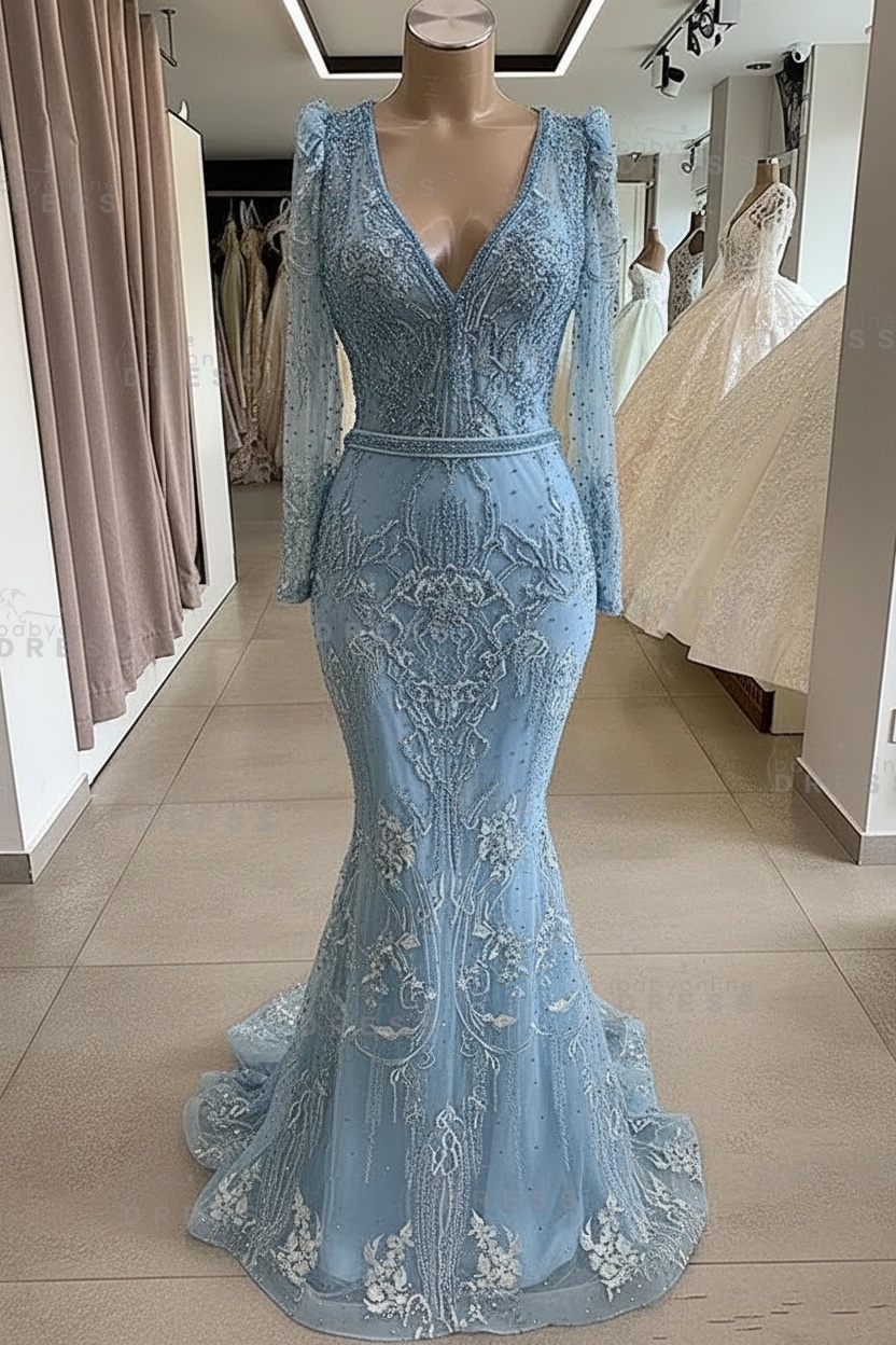 Gorgeous Mermaid Lace Beading V Neck Long Sleeves Prom Dresses | Evening Gowns With Beading Waistband