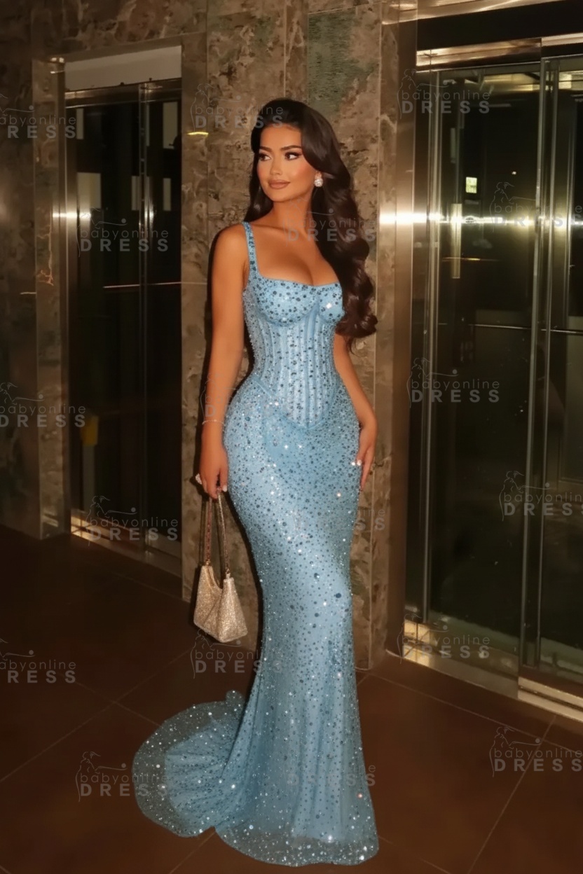 Glitter Spaghetti Straps Sequins Mermaid Prom Dress Floor Length