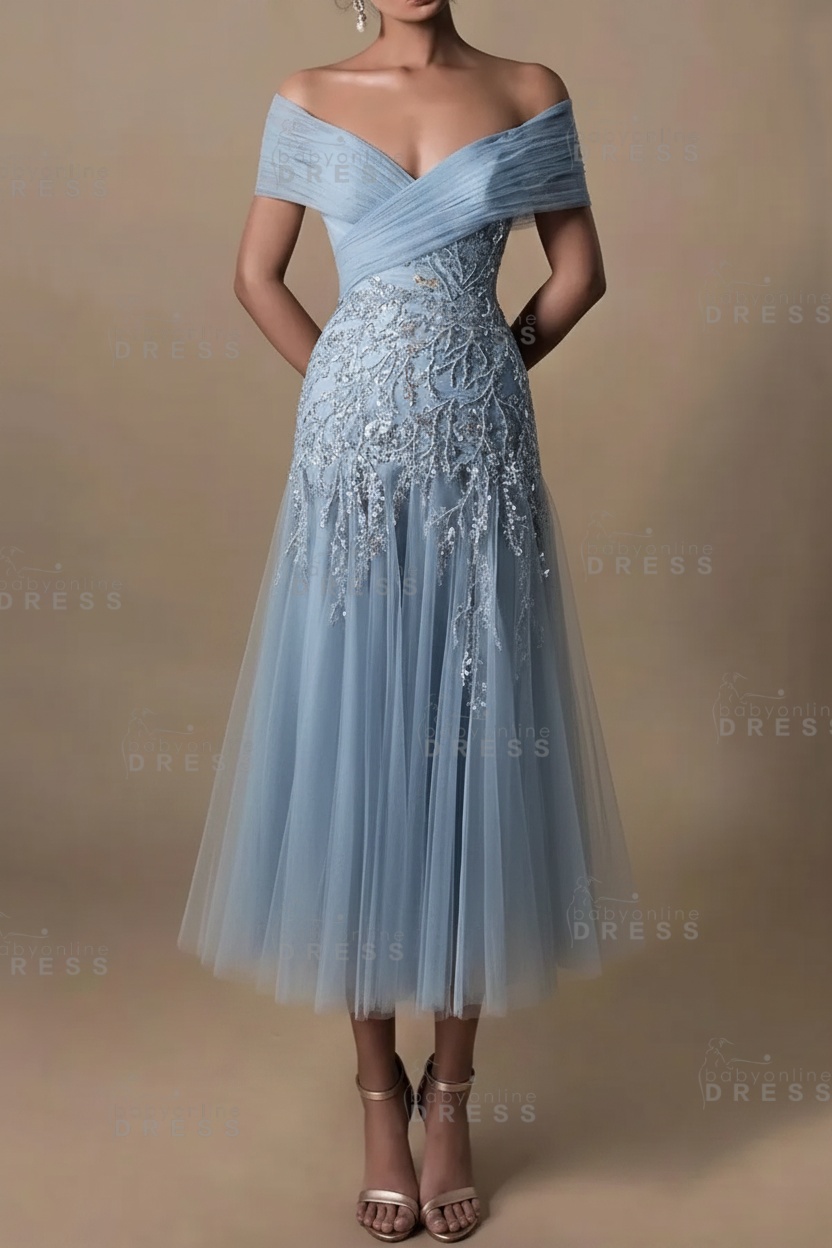 Champagne V-Neck A-Line Tea Length Prom Dress Tulle Mother of the Bride Dress