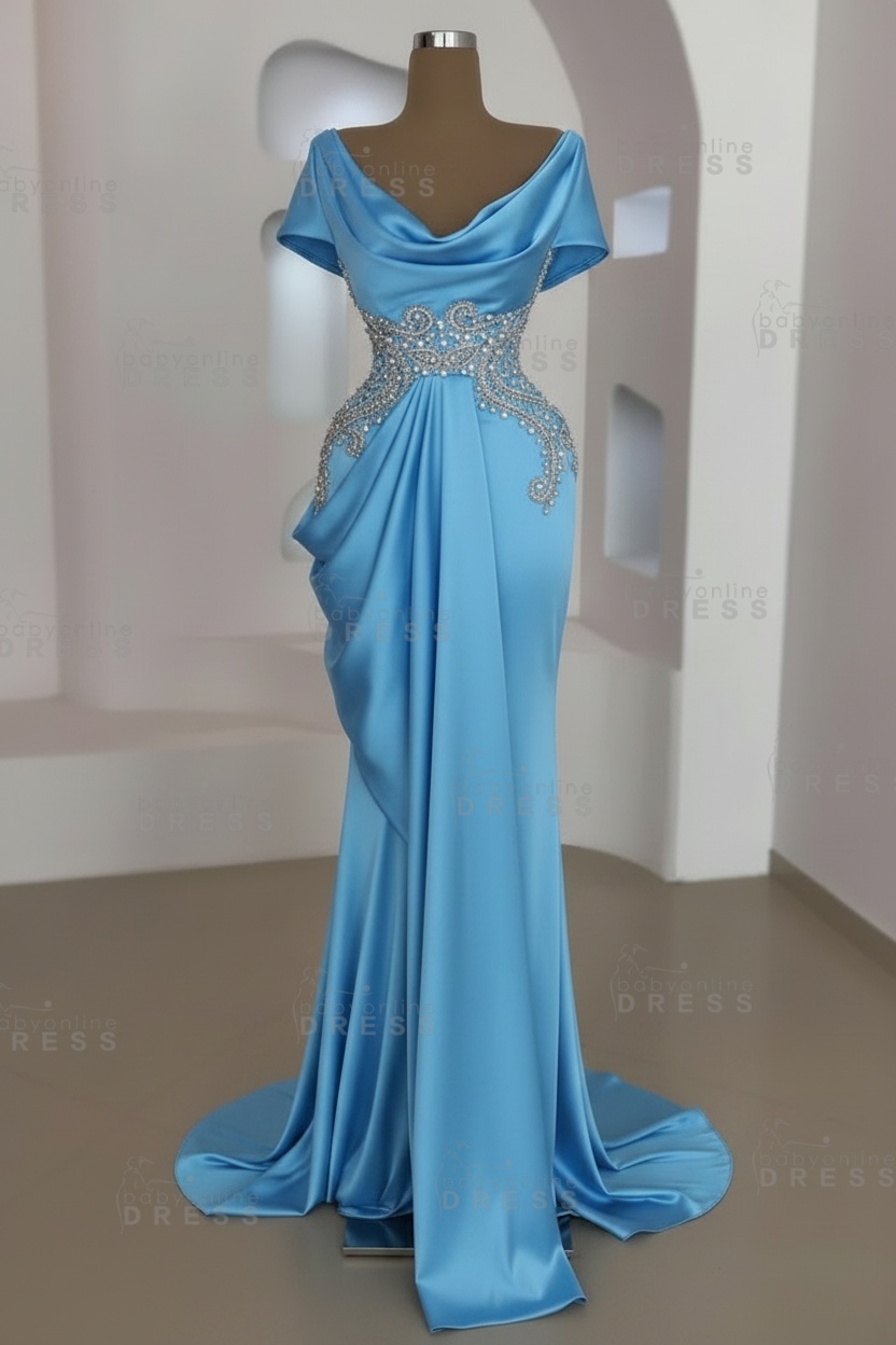 Short sleeves Mermaid Round neck Gray Prom Dresses