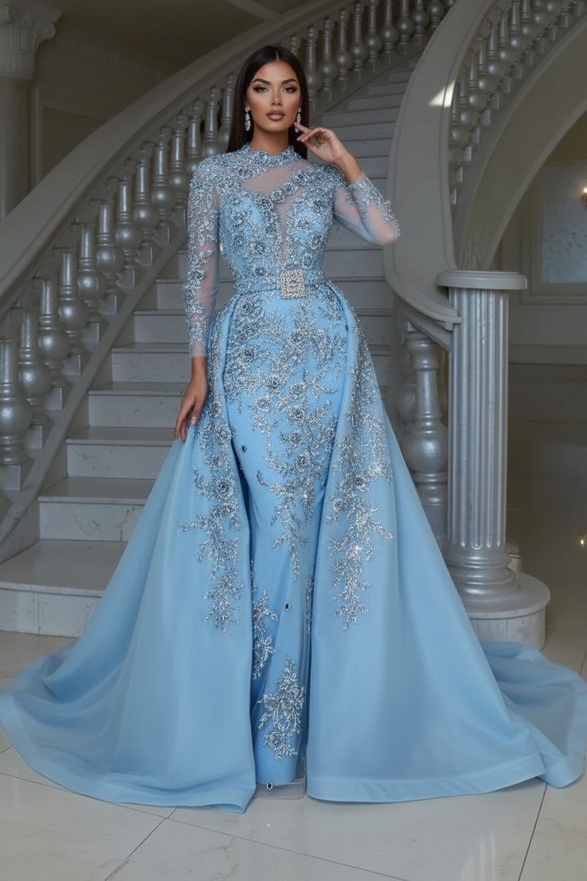 Blushing pink Long sleeves Overskirt Lace Prom Dresses
