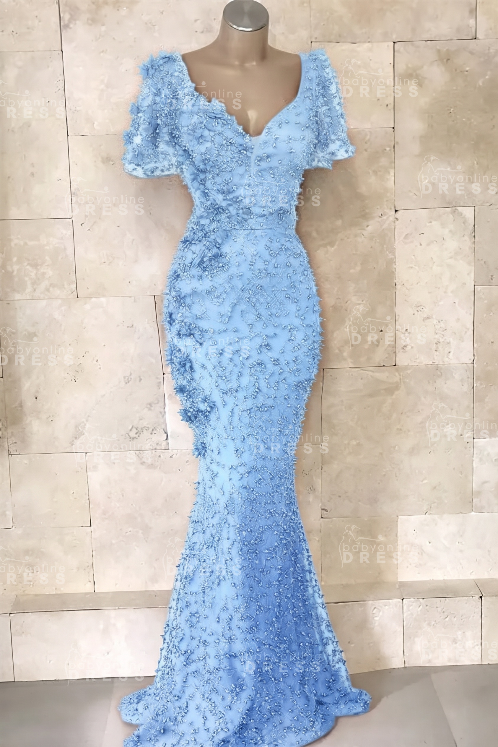 Glamorous V-Neck Short Sleeves Beading Flower Mermaid Floor-Length Prom Dresses