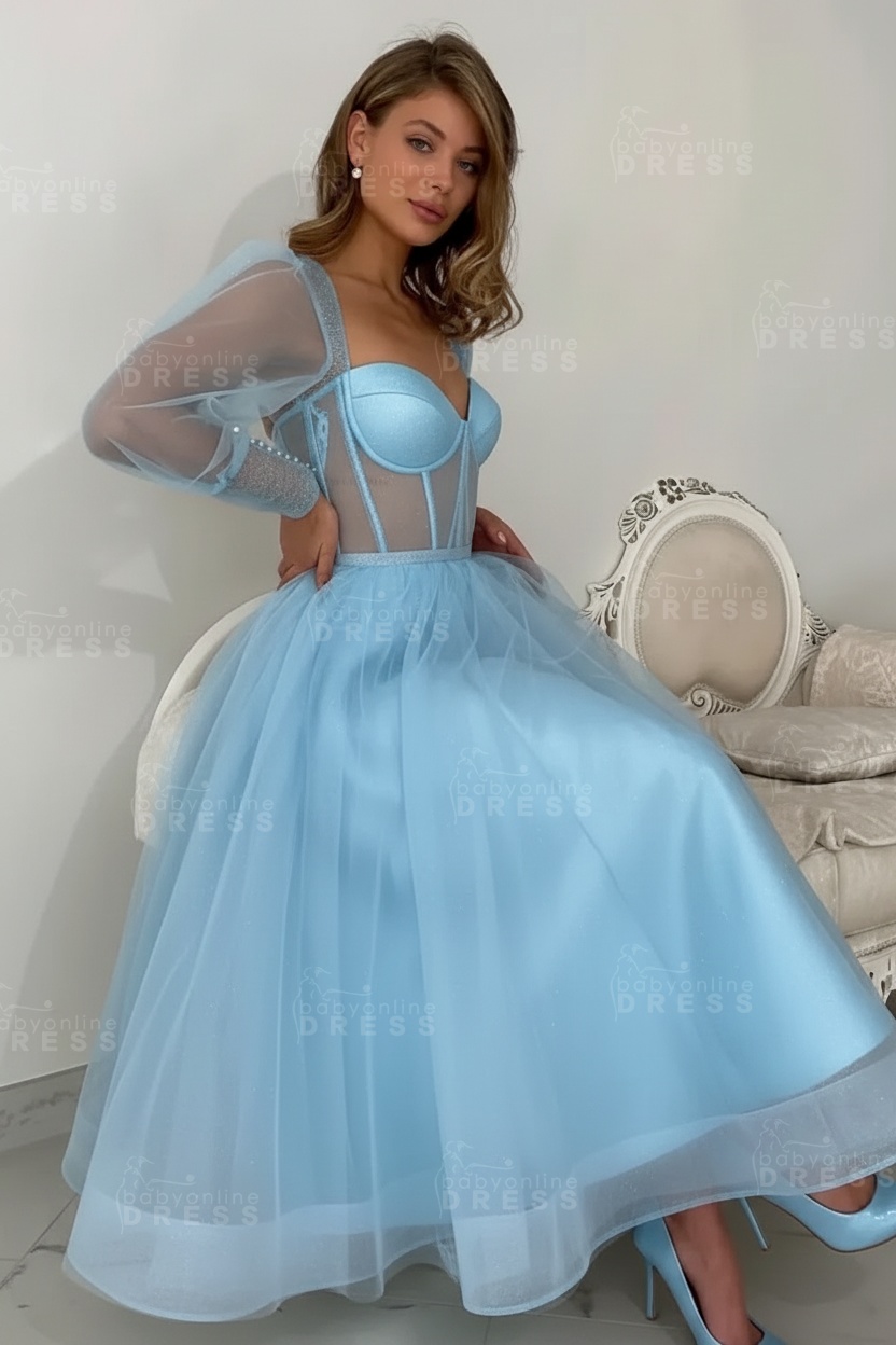 Long sleeves Pink See through Tulle Homecoming Dresses Aline