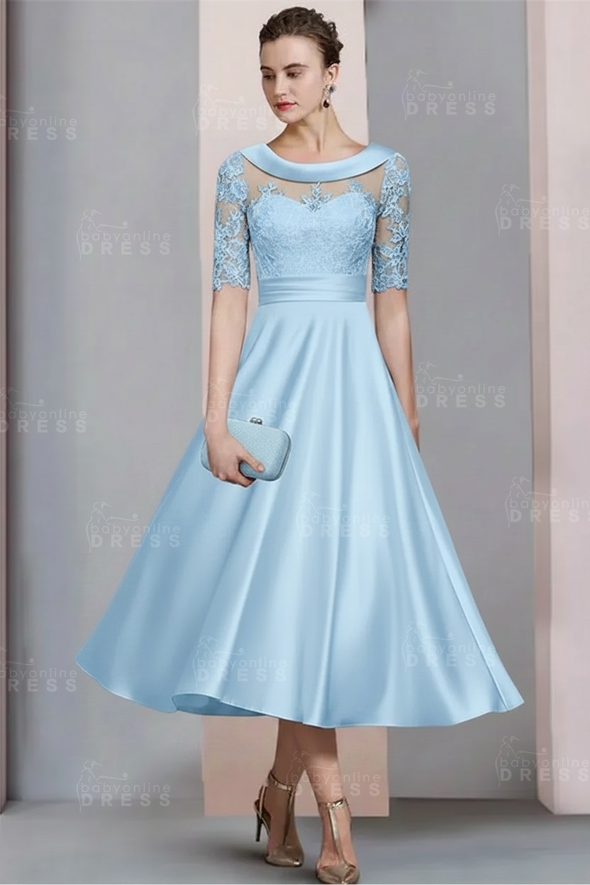 Elegant Ivory Jewel Lace Beading A-Line Tea Length Satin Wedding Guest Dress Formal Mother Dress