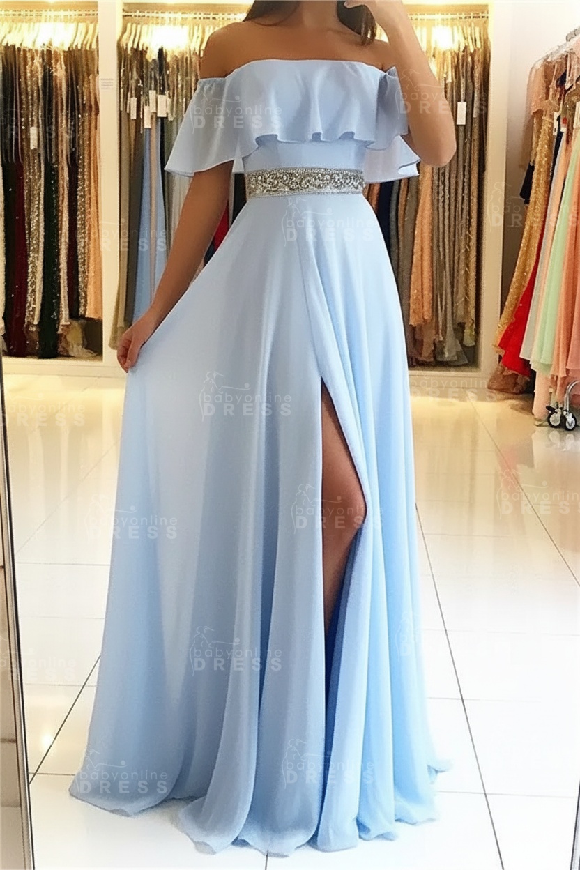 Sky Blue Off The Shoulder Evening Dresses Sexy | Chiffon Side Slit Prom Dress with Crystals Belt