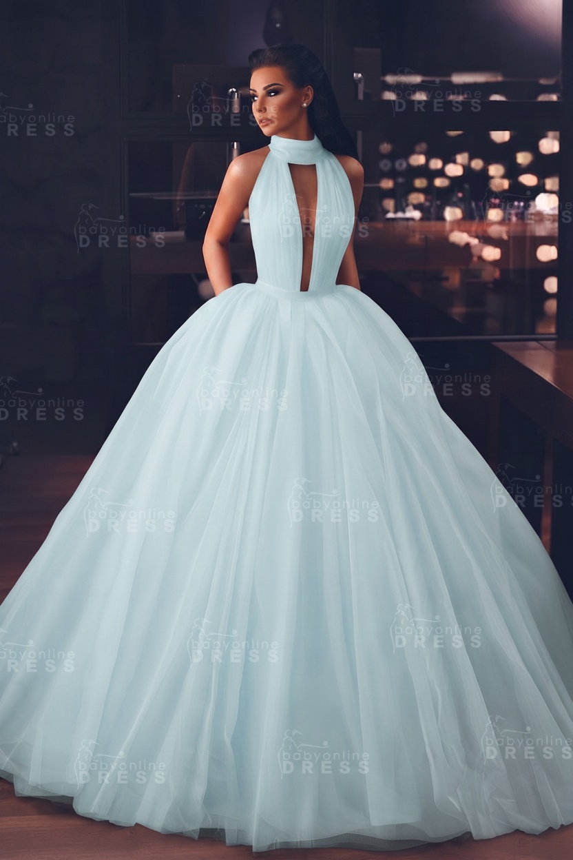 Sexy High-Neck Sleeveless Ball Gown Evening Dress with Pockets
