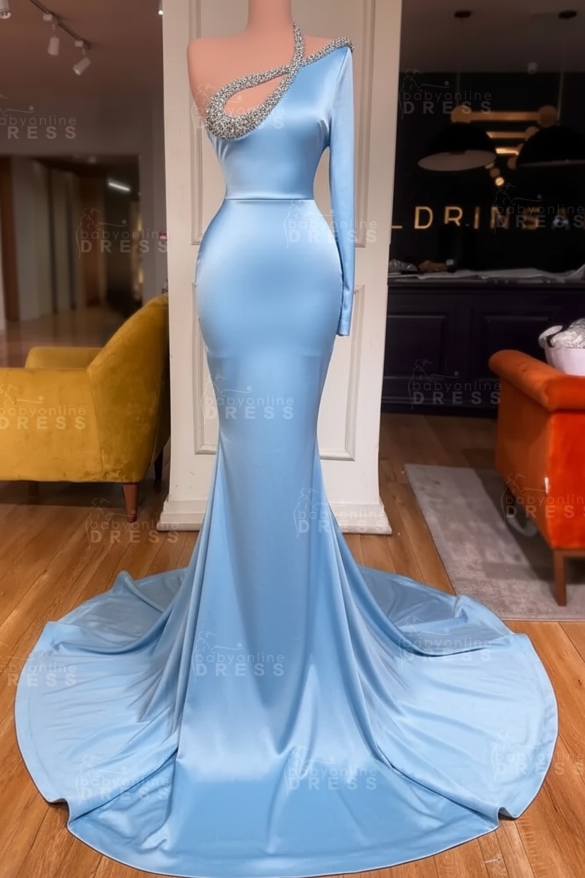 Long sleeves Beaded neckline Black Mermaid Prom Dresses