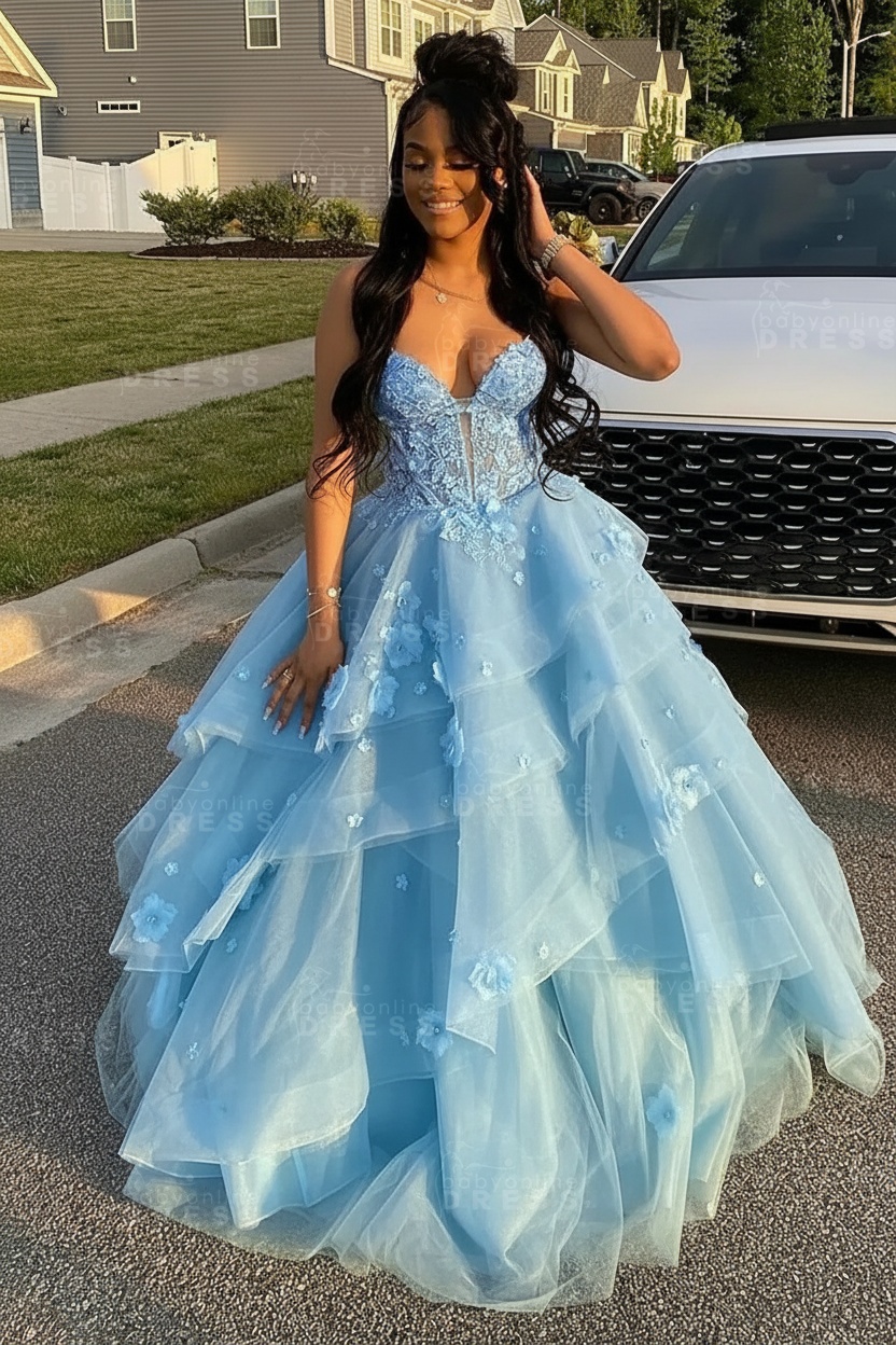Sleeveless V-Neck Tulle Aline Prom Dress Floral Tiered Ruffles Corset Evening Dress