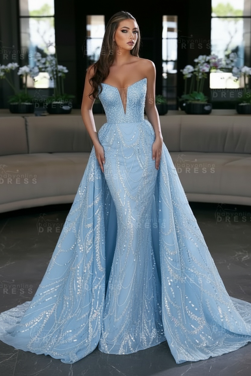 Blue Sequin Mermaid Sweetheart Prom Dresses with Overskirt