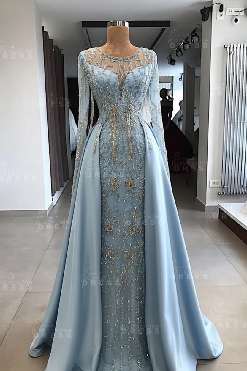 Shining Beaded Long Sleeves Round Neck Prom Dresses With Over Skirt | A Line Evening Gowns