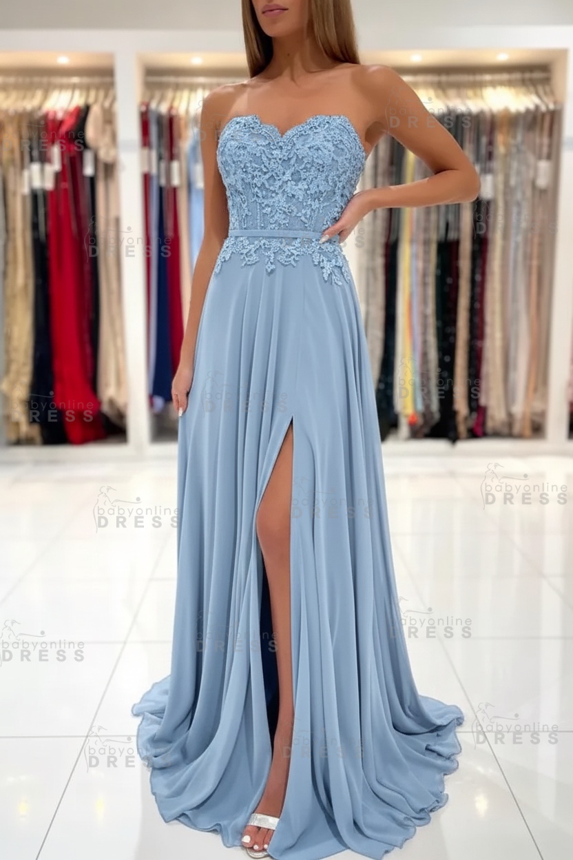 Sweetheart Strapless A-Line Chiffon Floor Length High Split Prom Dress