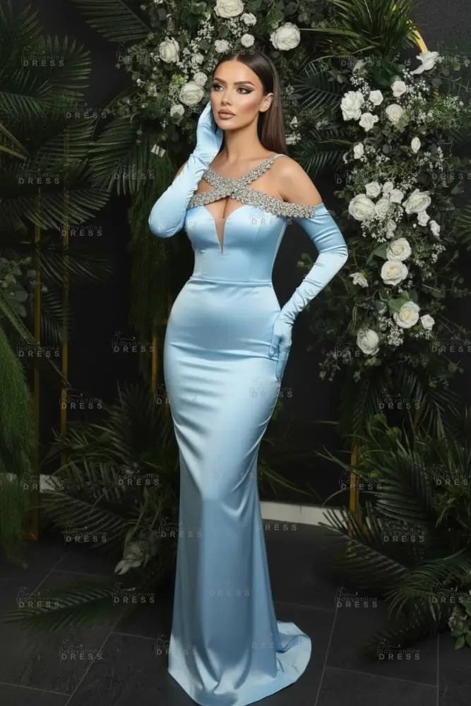 Spaghetti Straps Crystals Column Satin Prom Dresses Floor Length
