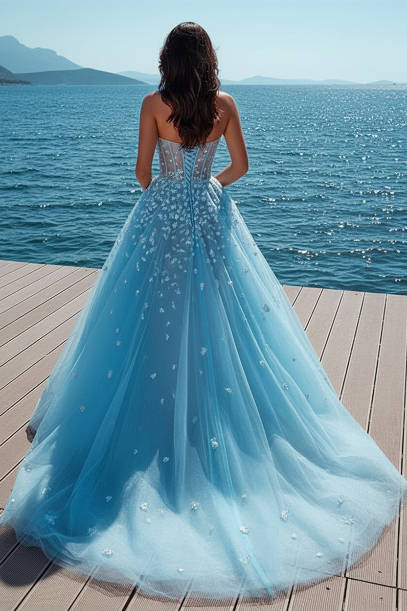 Elegant Sky Blue Strapless Sweet Tulle Sparkle Prom Dress Floor Length