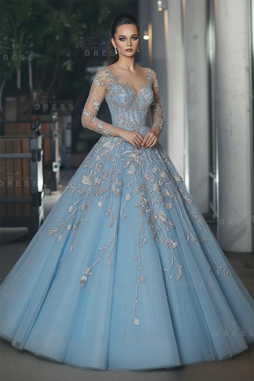 Stunning Illusion Long Sleeve Sexy Evening Gowns | A-line Lace Appliques Tulle Prom Dress