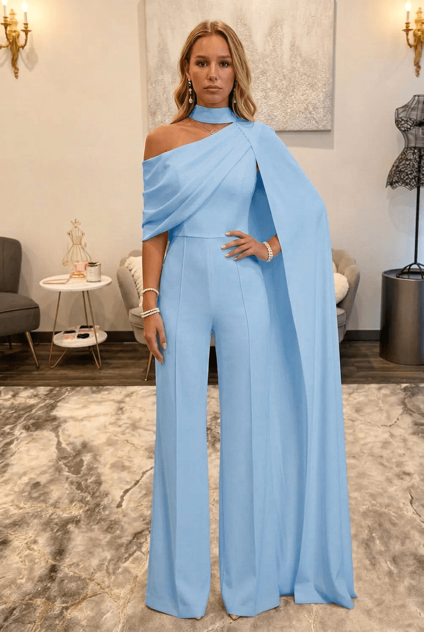 Sky Blue Asymmetric Neck One-Shoulder Bridal Formal Jumpsuit with Sash