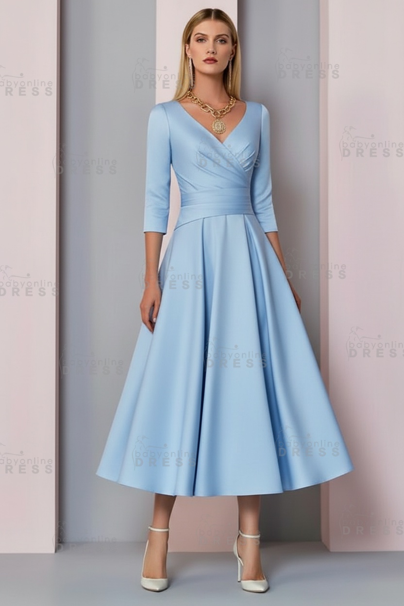 Half Sleeves White Ankle Length Mother of the Bride Dress V-Neck Satin Wedding Guest Dress