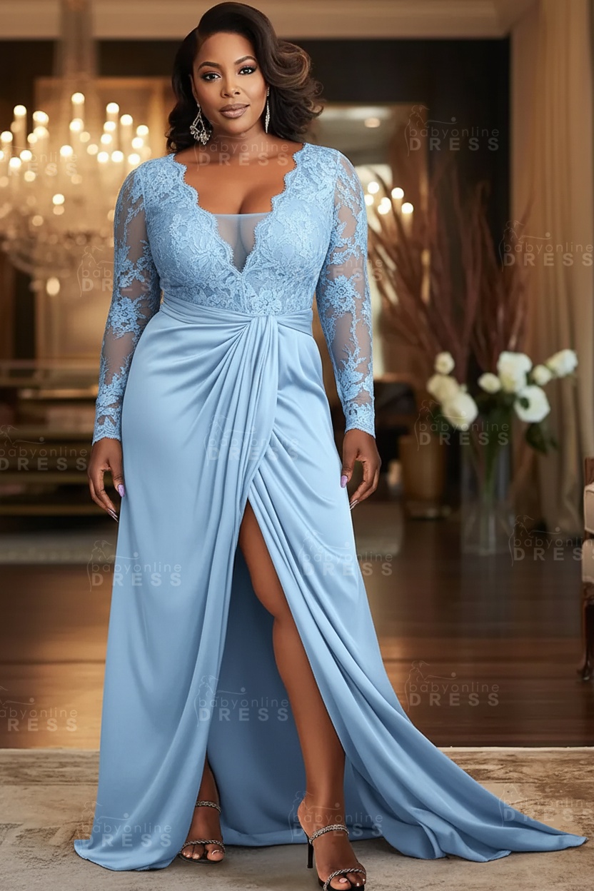 V-neck Appliques Lace Long Sleeve A-Line Prom Dresses with Slit