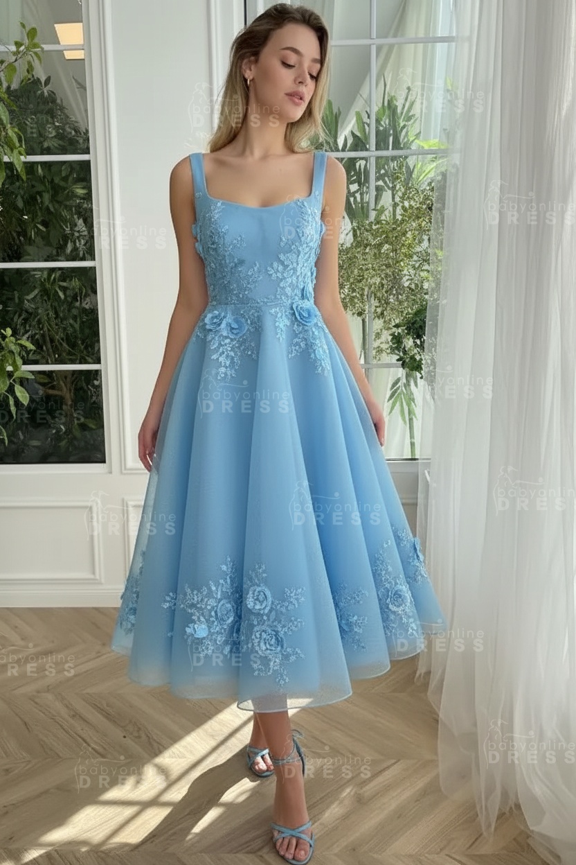 Burgundy Ankle length square neck Homecoming Dress Tulle Aline Formal Dress