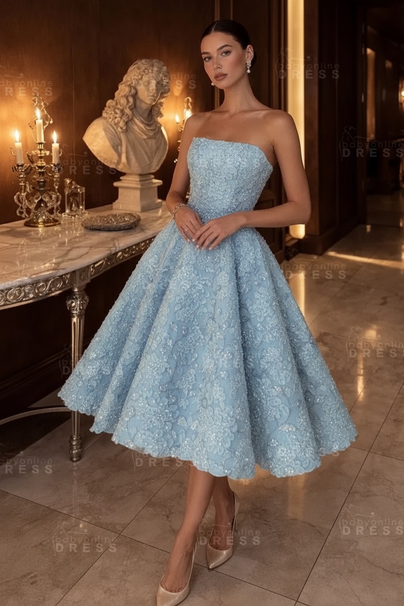 Strapless Yellow Floral A-Line Tea Length Prom Dress with Beadings