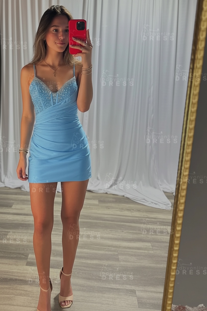 Spaghetti Straps Satin Tight Short Homecoming Dress with Beadings
