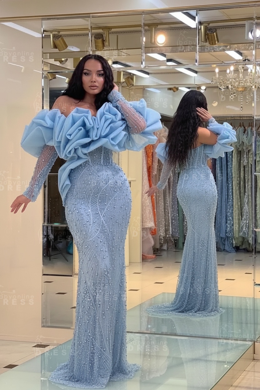 Bubble Sleeves Long Mermaid Prom Dress with Sequins and Beadings