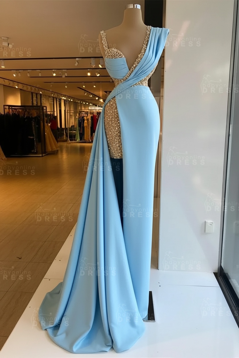 Luxury Satin Prom Dress Sleeveless with Sequins Sleeveless Evening Gown