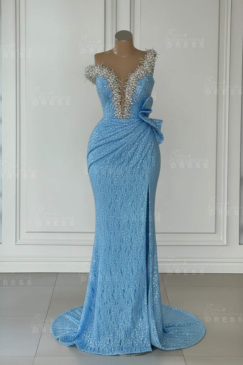 One Shoulder Sequins Sleeveless Long Mermaid Prom Dress