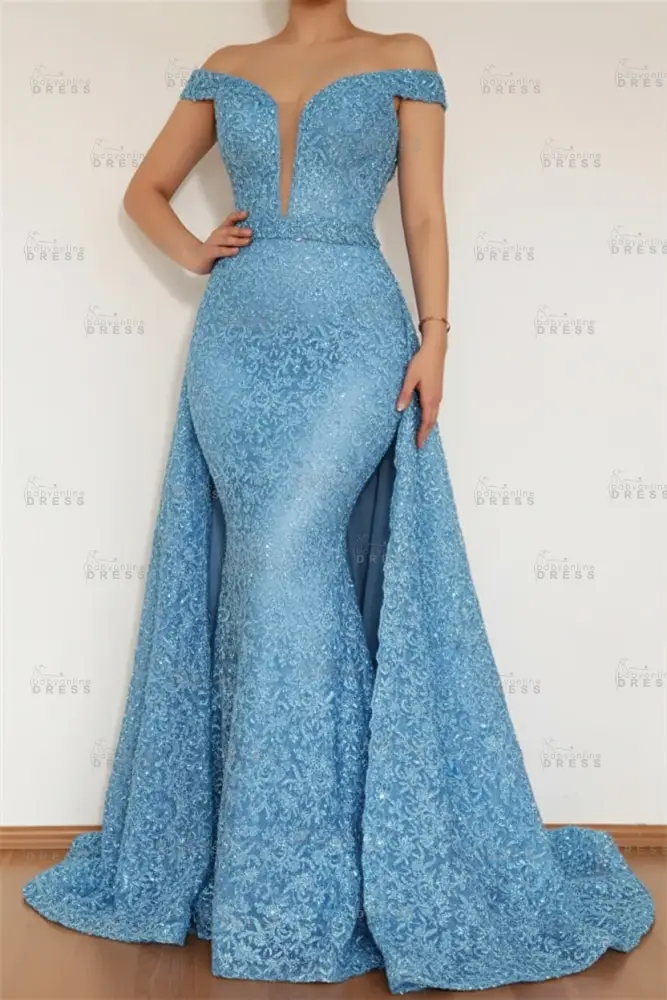 Burgundy Glamorous Mermaid Off The Shoulder Lace Appliques Prom Dress With Detachable Skirt