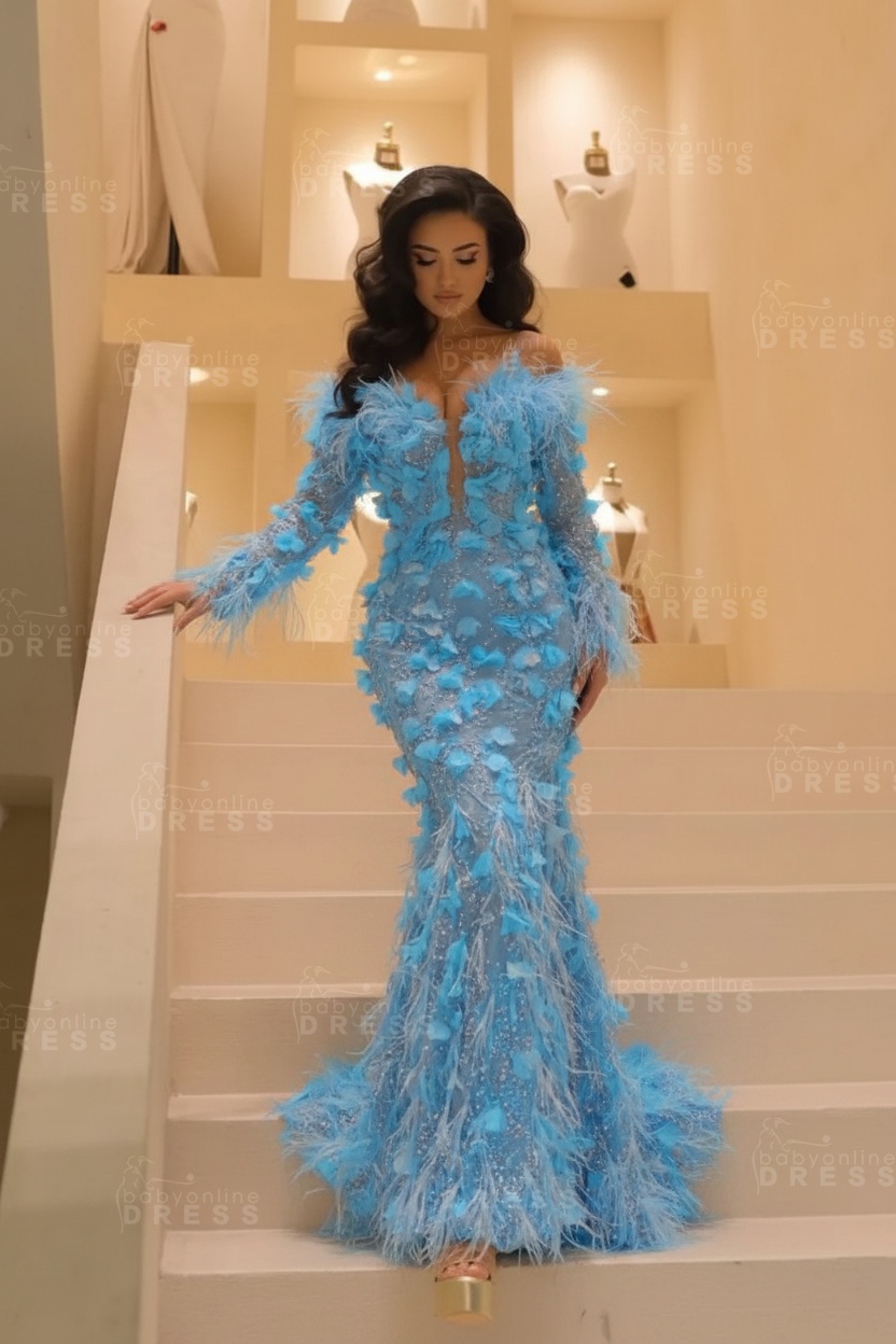 V-neck Long Sleeves Mermaid Evening Dresses Floor Length with Flowers
