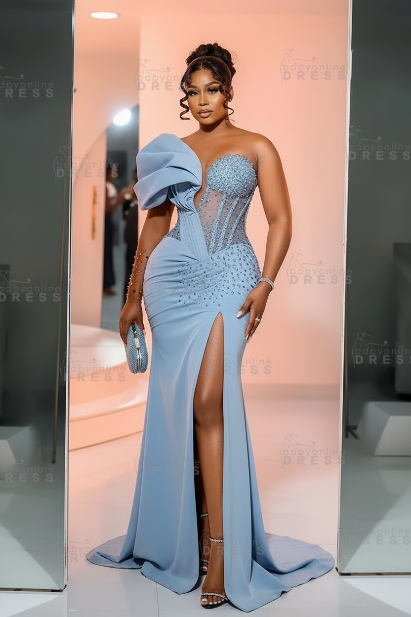 One-Shoulder Long Sleeves Corset Beadings Mermaid Prom Dress with High Split