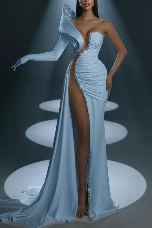 White One shoulder High Split White Court Train Prom Dresses