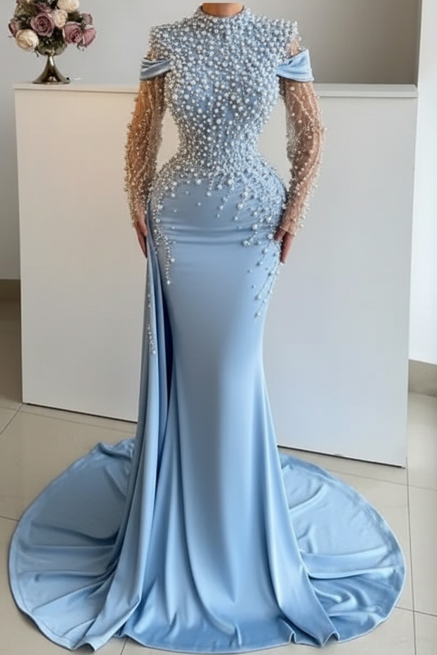 Unique High Neck Beading Long Sleeve Mermaid Prom Dresses