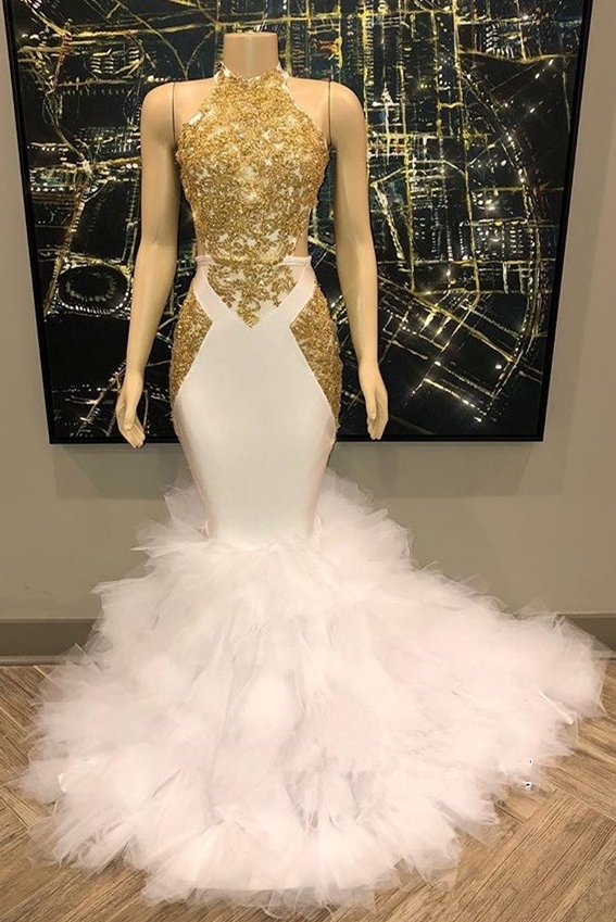 Sleeveless Golden Appliques Tulle Button Mermaid Prom Dresses