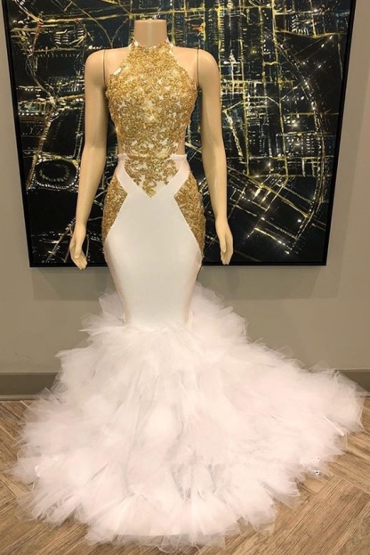 Sleeveless Golden Appliques Tulle Button Mermaid Prom Dresses