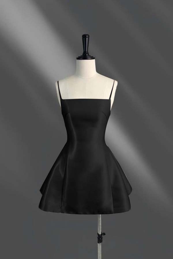 Spaghetti Straps Black Short Homecoming Dress Aline Prom Dress Knee Length