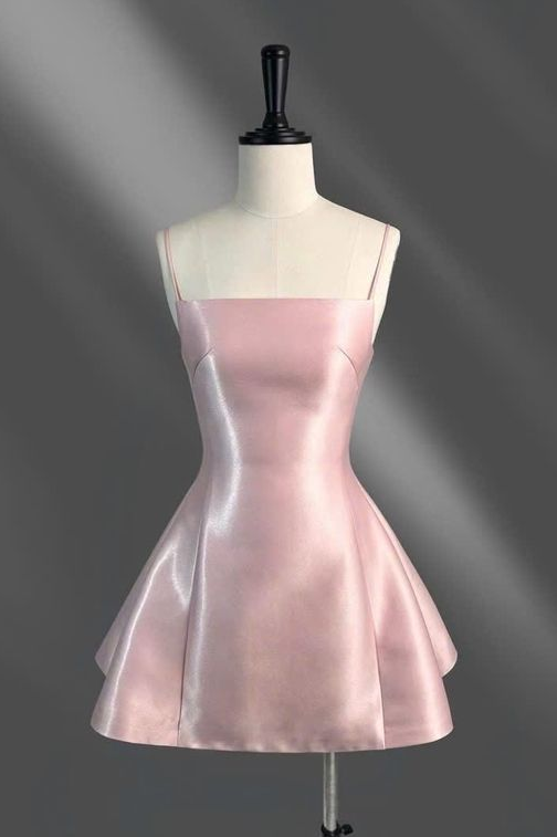Spaghetti Straps Blushing Pink Short Homecoming Dress Aline Prom Dress Knee Length