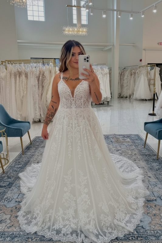 Spaghetti Straps Open Back Appliques Lace A-Line Wedding Dresses with Train