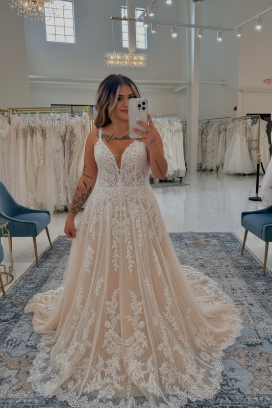 Spaghetti Straps Open Back Appliques Lace A-Line Wedding Dresses with Train
