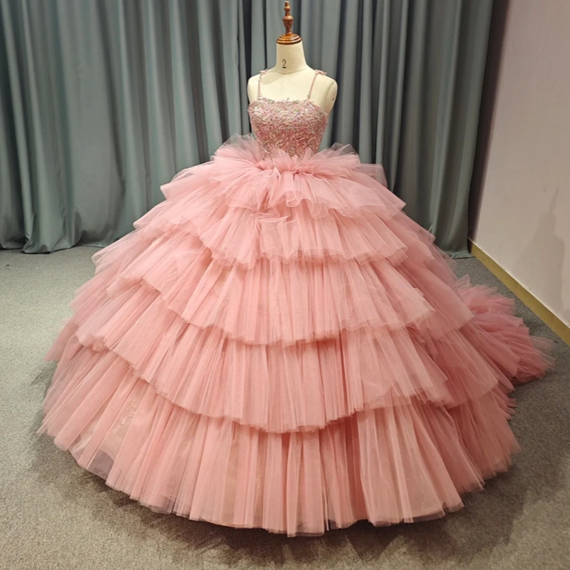 Spaghetti Straps Pink Aline Ball Gown Quinceanera Dresses Tiered Sweet 16 Dress